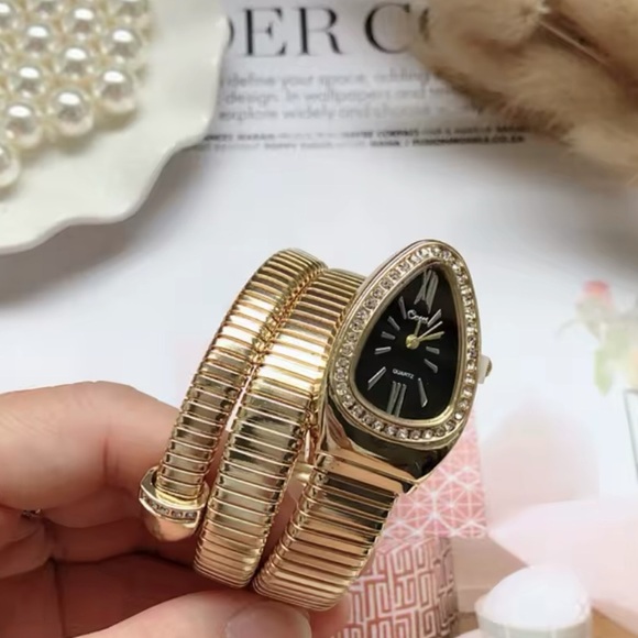 Serpenti-Inspired Gold Coil Wrap Watch – Black Face with Crystal Bezel - Picture 3 of 17